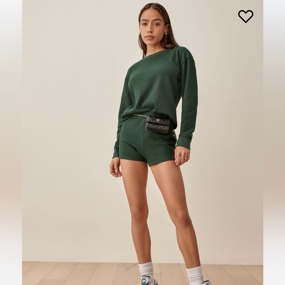 Reformation Waffle Green Sweatshirt & Shorts Set